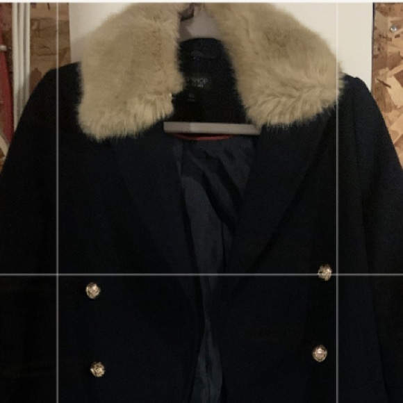 Almost brand new top shop coat detachable faux fur collar navy blue gold button - Picture 3 of 4